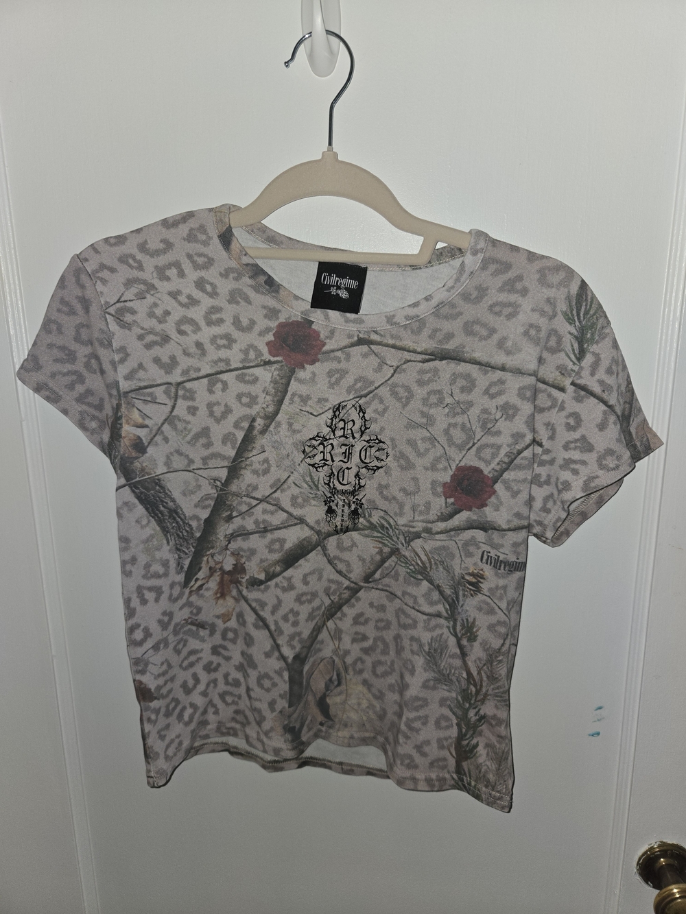 Civil Regime Beige Grey Leopard & Floral Print Short Sleeve Tee